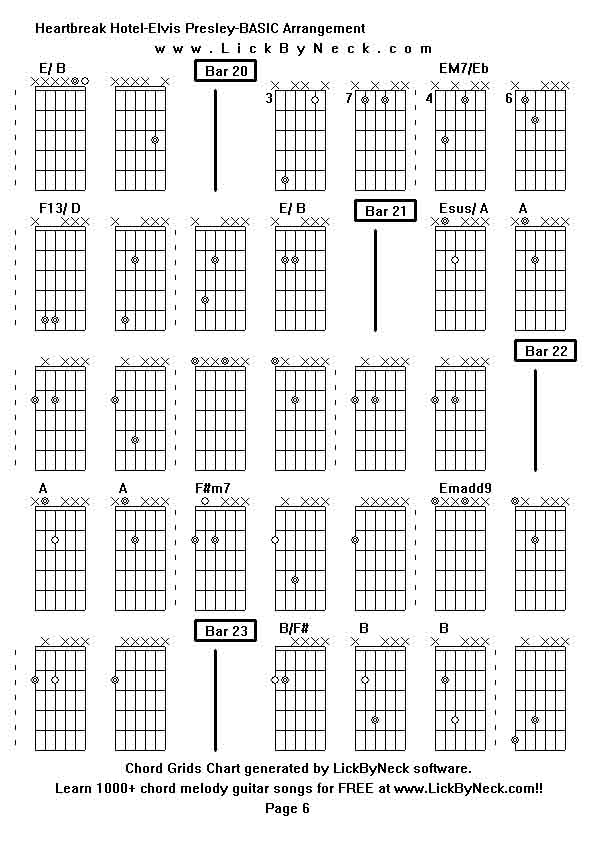 Chord Grids Chart of chord melody fingerstyle guitar song-Heartbreak Hotel-Elvis Presley-BASIC Arrangement,generated by LickByNeck software.